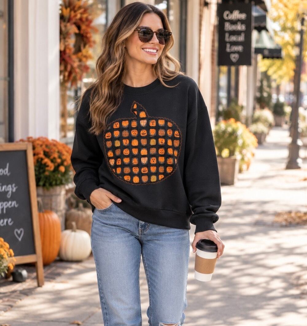 90s Vintage Jerzees Autumn Fall Black Sweatshirt Pumpkin Large